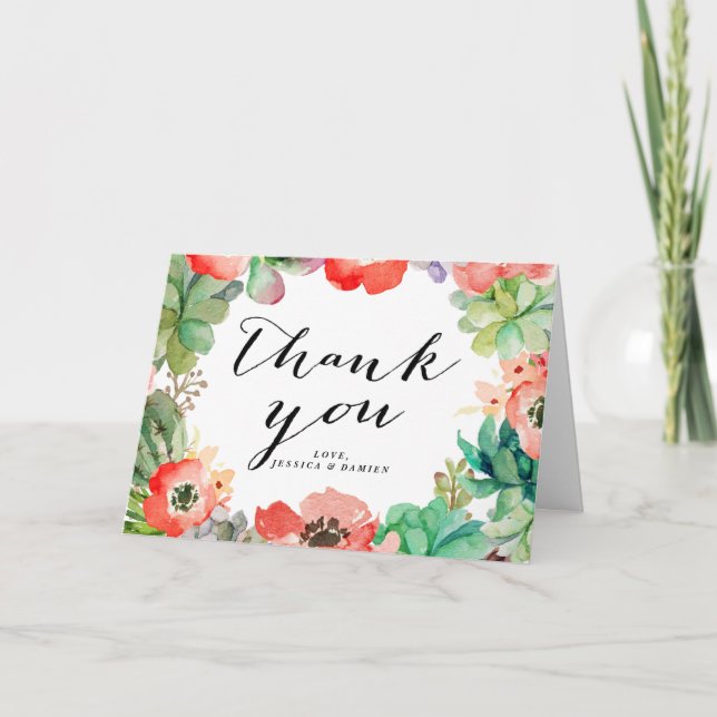 Boho Watercolor Succules Blumenrahmen Vielen Dank Dankeskarte (Vorderseite)