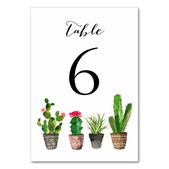 Boho Watercolor Succules Tischnummern Karte 6 (Vorderseite)