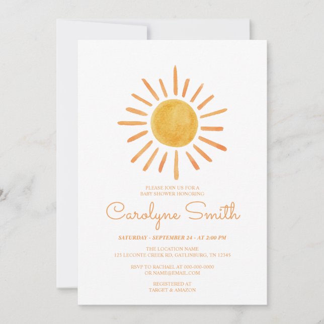 Boho Watercolor Sunshine Baby shower Invitation (Devant)