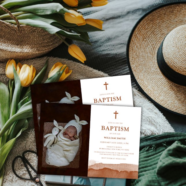 Boho Watercolor Terracotta Wüste Foto Taufe Einladung (Boho Watercolor Terracotta Desert Photo Baptism Invitation)