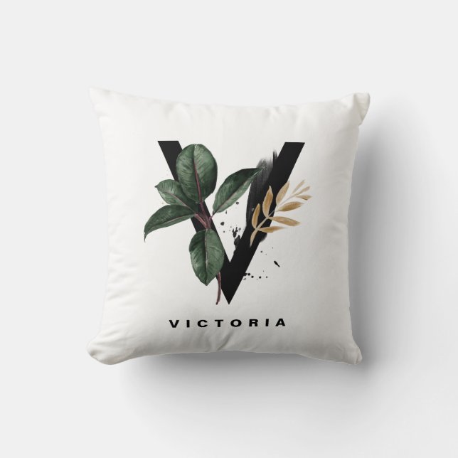 Boho Watercolor Tropical Blätter Letter V Monogram Kissen (Vorderseite)