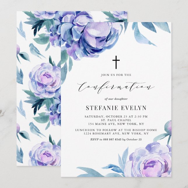 Boho Watercolor Violet Peony Blume Bestätigung Einladung (Vorne/Hinten)