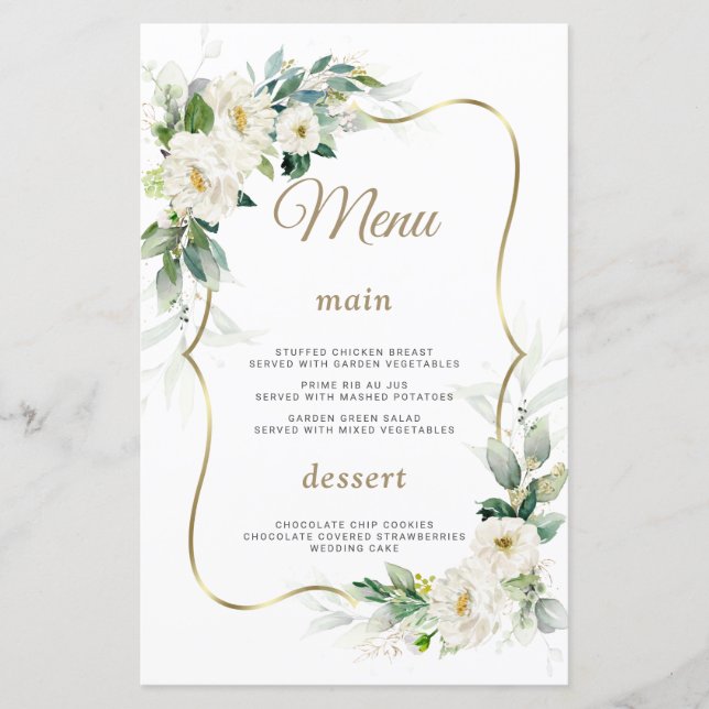 Boho Watercolor White Blume Gold Wedding Menu (Vorderseite)