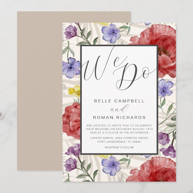 Boho Watercolor Wild Blume Beige Wedding Einladung (Vorne/Hinten)