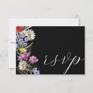 Boho Watercolor Wild Blume & Black Wedding RSVP Karte