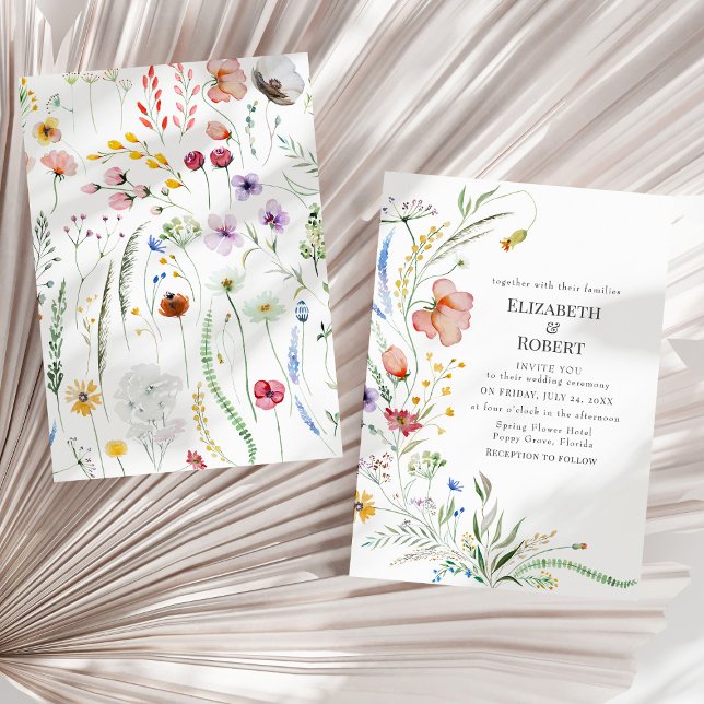 Boho Watercolor Wildblume Hochzeit Einladung (Boho Watercolor Wildflower Wedding Invitation on a sunny neutral dry palm leaf.)