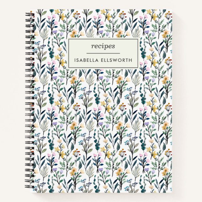 Boho Watercolor Wildblume Personalisiert Rezept Notizbuch (Vorderseite)