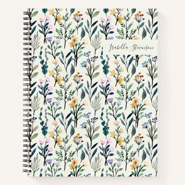Boho Watercolor Wildblume Personalisiert Sketchboo Notizbuch (Vorderseite)
