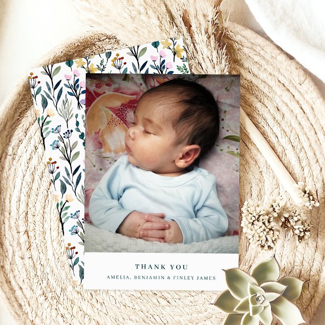 Boho Watercolor Wildblume Simple Baby Foto Dankeskarte (Von Creator hochgeladen)