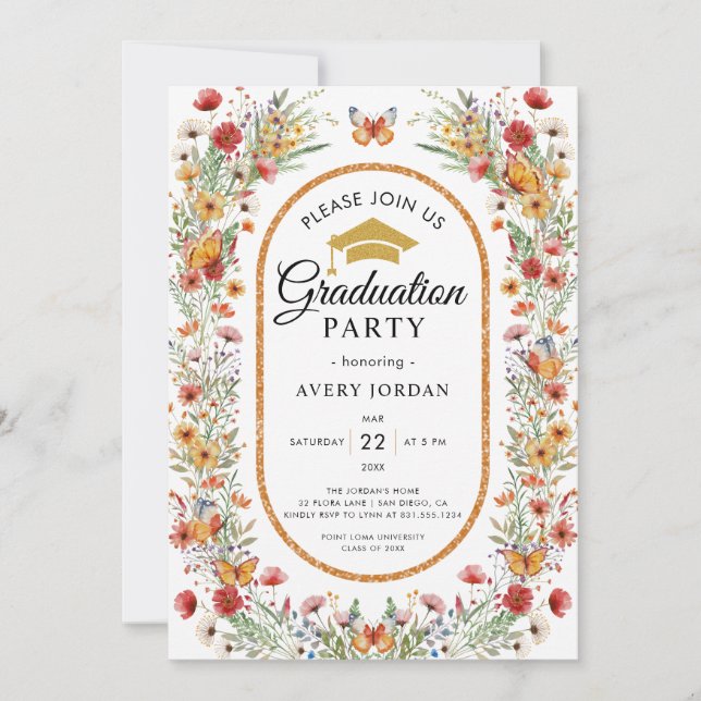 Boho Watercolor Wildblumen Foto Graduation Party Einladung (Vorderseite)
