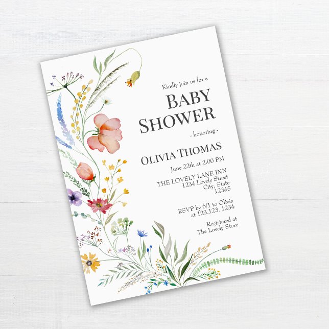 Boho Watercolor Wildblumen Kinderdusche Einladung (Boho Watercolor Wildflowers Baby Shower Invitation on white table)
