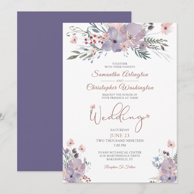 Boho Watercolor Wildblumen Lila Hochzeit Einladung (Vorne/Hinten)