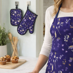 Boho Watercolor Wildblumen Navy Ofenhandschuh & Topflappen-Set