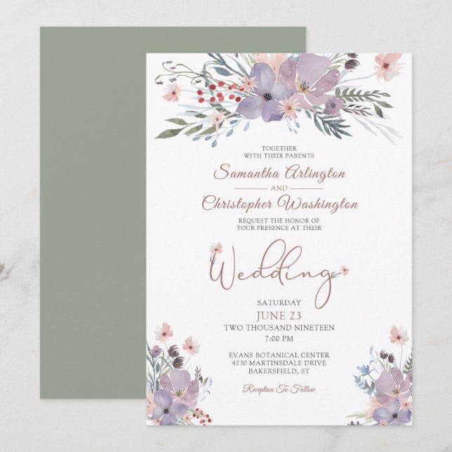Boho Watercolor Wildblumen Violet Green Wedding Einladung (Vorne/Hinten)