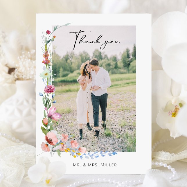 Boho Watercolor Wildflower Calligraphy Wedding Dankeskarte (Von Creator hochgeladen)