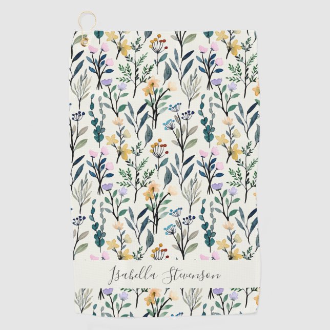Boho Watercolor Wildflower Personalized Name Golfhandtuch (Vorderseite)