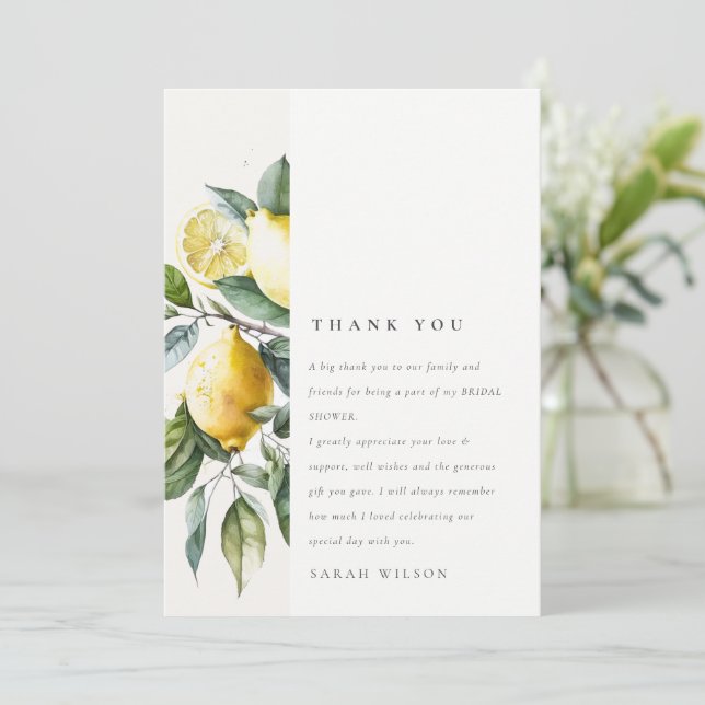 Boho Watercolor Yellow Lemon Garden Brautparty Dankeskarte (Stehend Vorderseite)