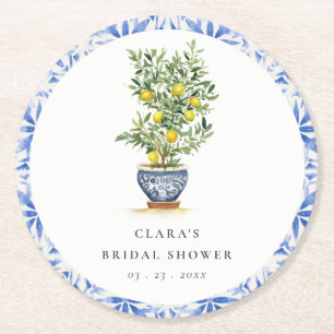 Boho Watercolor Yellow Lemon Tree Brautparty Runder Pappuntersetzer