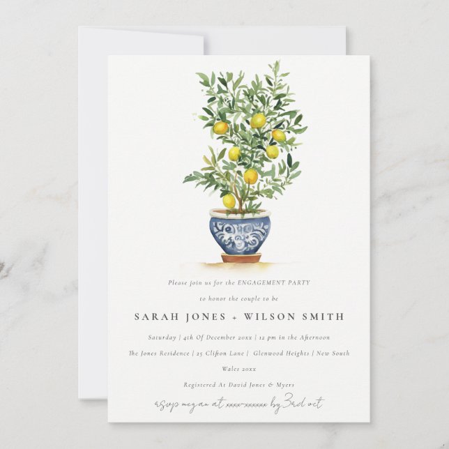 Boho Watercolor Yellow Lemon Tree Verlobung Einladung (Vorderseite)