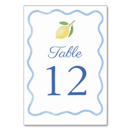 Boho Wavy Blue Border Citrus Lemon Wedding Tischnummer