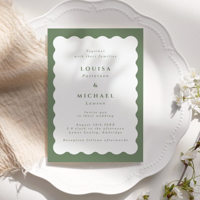 Boho Wavy Border Green & White Wedding Einladung (Von Creator hochgeladen)