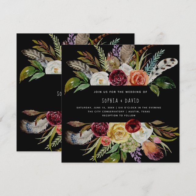 Boho Wedding Burgundy und Orange Blume auf Black Einladung (Vorne/Hinten)