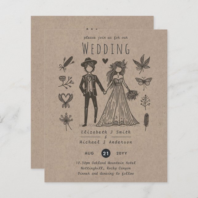 Boho Wedding Cartoon Bride Groom Handgezeichnet (Vorne/Hinten)