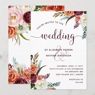 Boho Wedding   Orange- und Weiße Blume aus Burgund Einladung