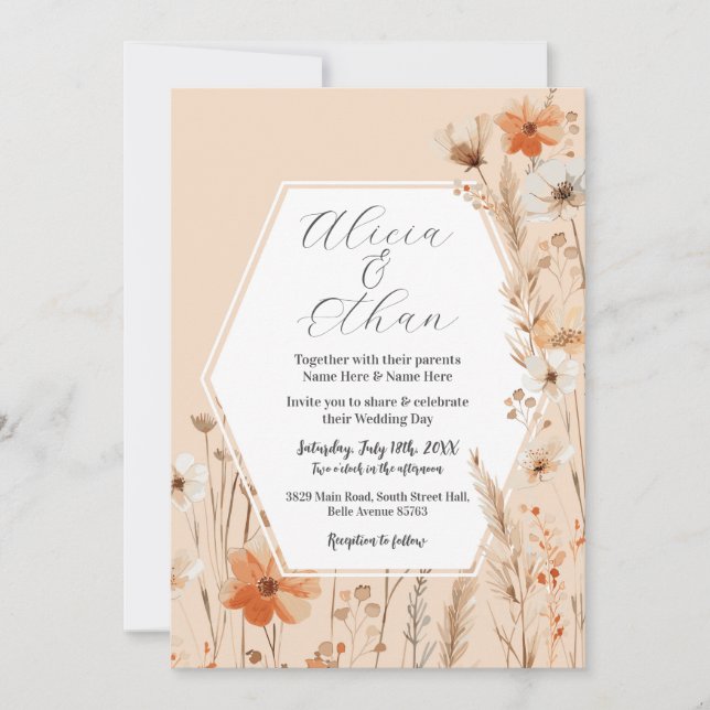 Boho Wedding Peach Florals Blume Einladung (Vorderseite)