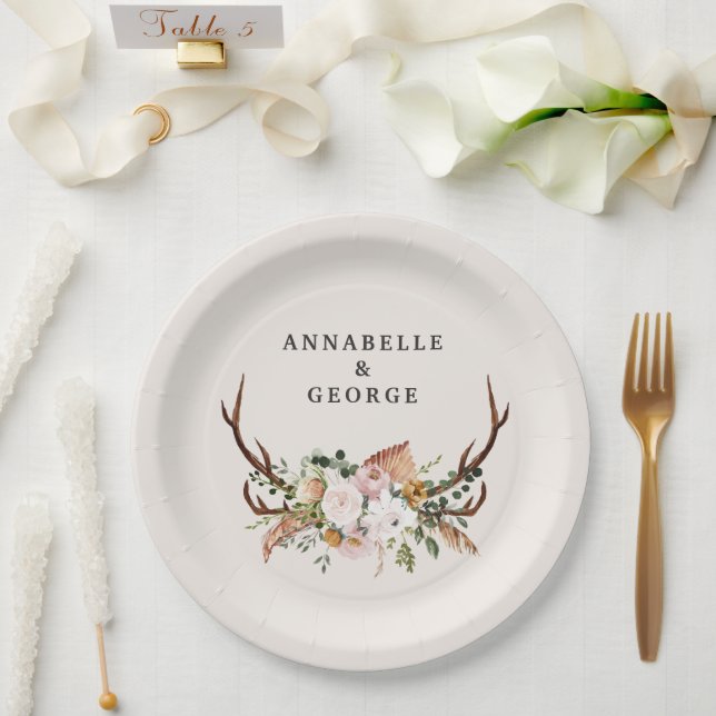 Boho Wedding Rustic Antler Floral Wedding Monogram Pappteller (Hochzeit)