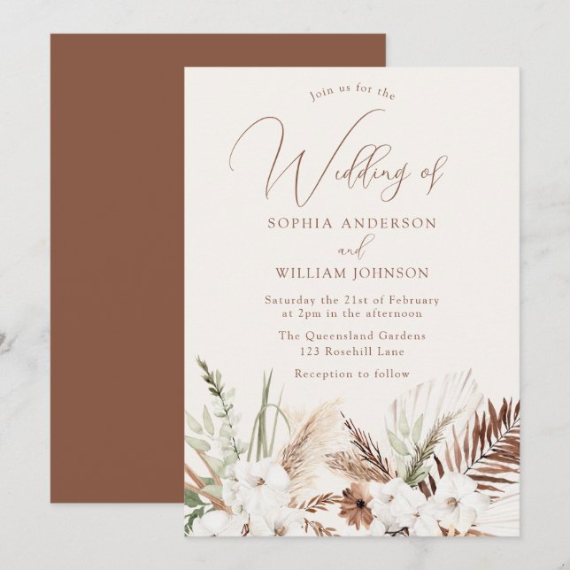 Boho Wedding: Schöne Flora zu allen Jahreszeiten Einladung (Vorne/Hinten)
