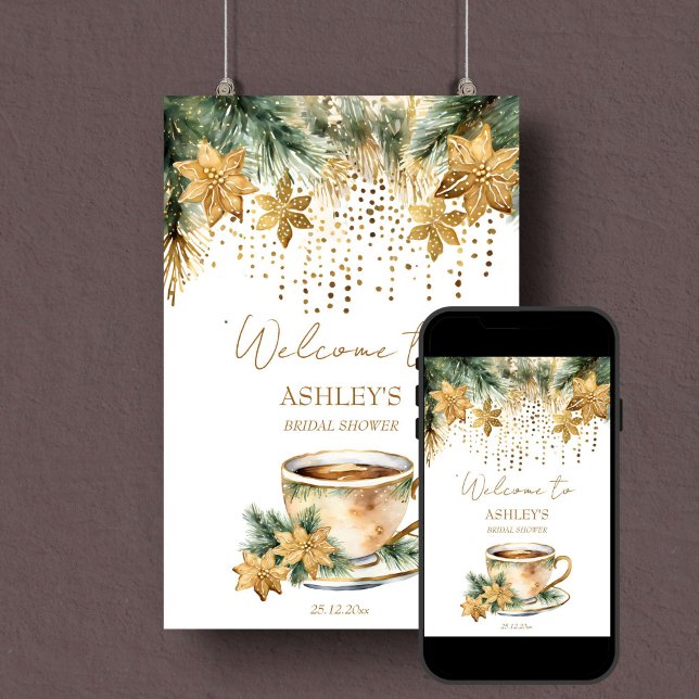 Boho Weihnachts-Brautparty Begrüßungszeichen Poster (Boho Christmas winter bridal shower editable template welcome sign poster digital download gold pine)