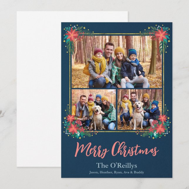 Boho Weihnachts-Fotokarte, Blumengoldrahmen Feiertagskarte (Vorne/Hinten)