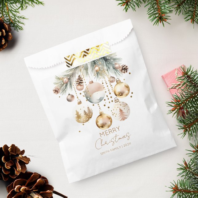Boho Weihnachtsfeiertage Schneekiefern Goldbaubles Geschenktütchen (Boho Christmas holiday snowy pines gold baubles Favor Bag Christmas party favor bags)