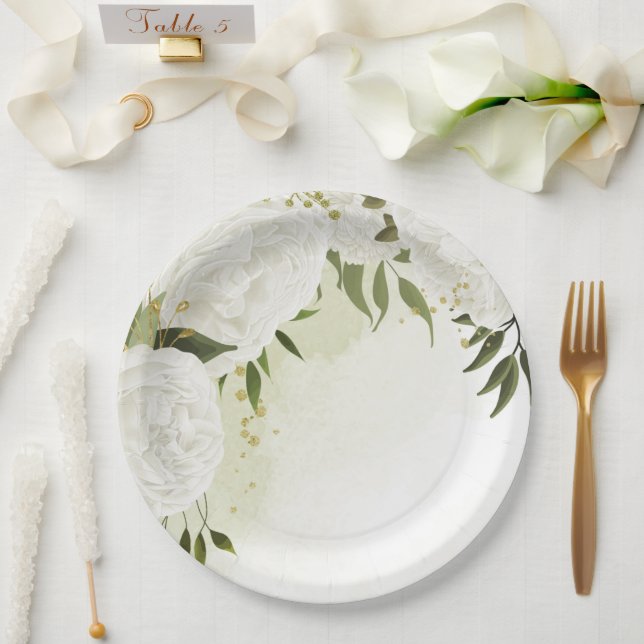 Boho weiße Blume grüne Blätter botanisch Pappteller (Hochzeit)