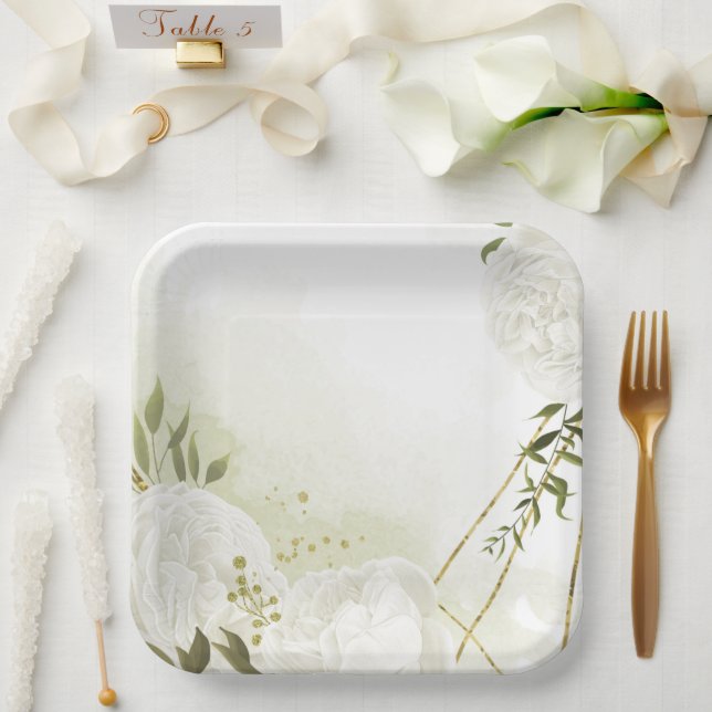 Boho weiße Blume grüne Blätter botanisch Pappteller (Hochzeit)