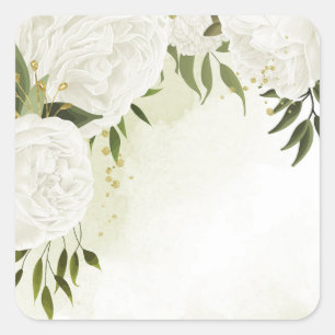 Boho weiße Blume grüne Blätter botanisch Quadratischer Aufkleber
