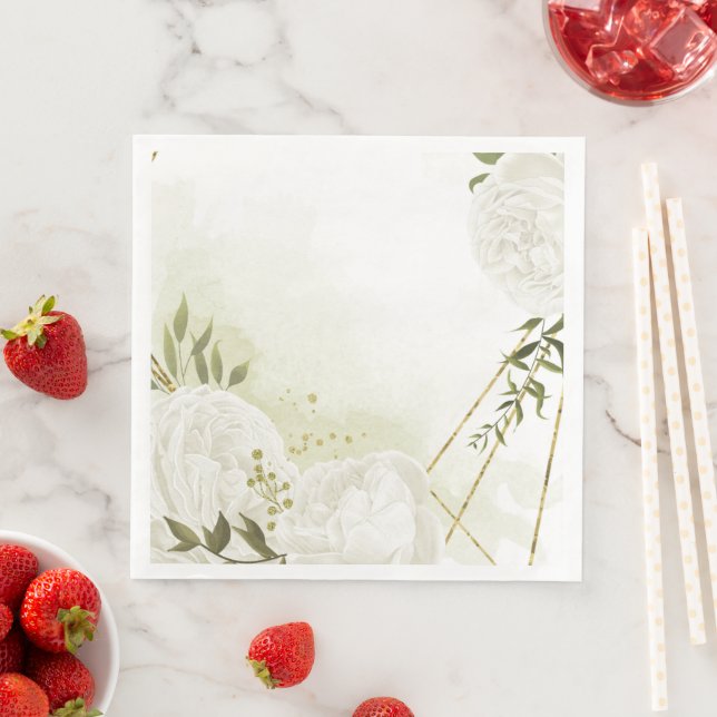 Boho weiße Blume grüne Blätter botanisches Papier  Serviette (Beispiel)
