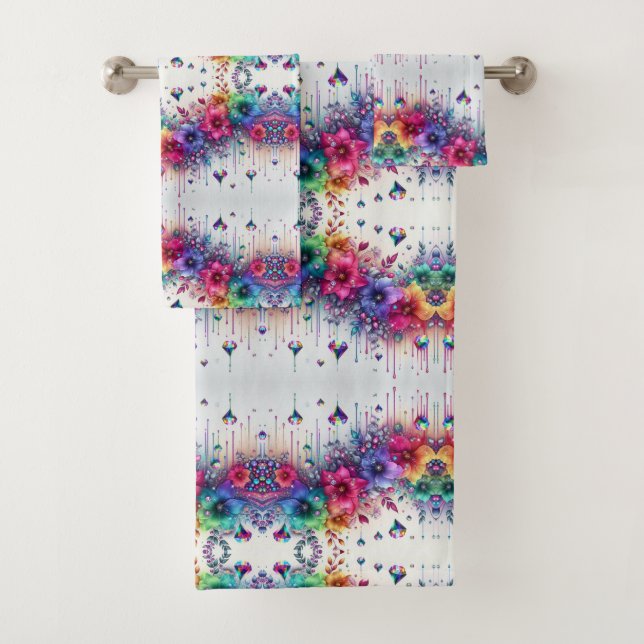 Boho Weiße Blumen Regenbogen Badhandtuch Set (Insitu)