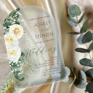 Boho Weiße Rose Floral Eukalyptus Hochzeit Acryleinladungen