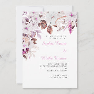 Boho Weiße und rosa Blumen Herbst Weiße Hochzeit Einladung