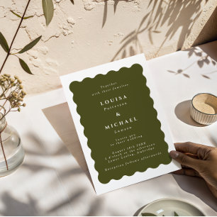 Boho-Wellenrand Oliven Grün & Weiß Hochzeit Einladung
