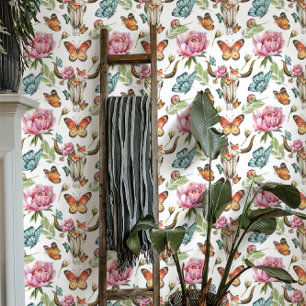 Boho-Western-Blumen-Kuh-Schädel-Schmetterlinge Tapete