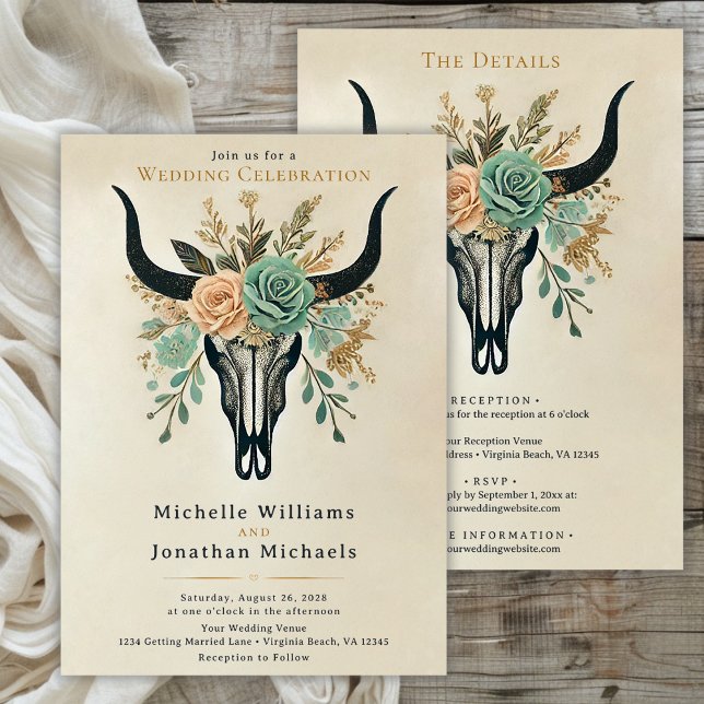 Boho Western Blumenkuhschädel auf einer Hochzeit Einladung (Boho Floral Bull Skull All in One Wedding Invitation)