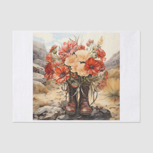 Boho Western Boots Floral Bouquet für Decoupage Seidenpapier (Vorderseite)
