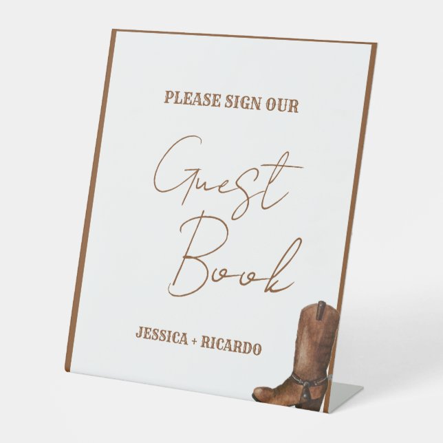 Boho Western Cowboy Boots Wedding Guest Book Sign Sockelschild (Vorderseite)