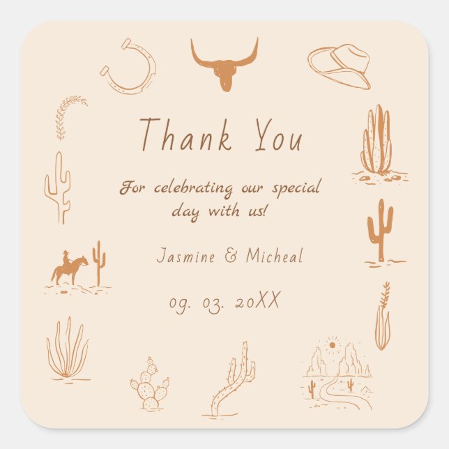 Boho Western Cowboy Illustration Wedding Quadratischer Aufkleber (Vorderseite)