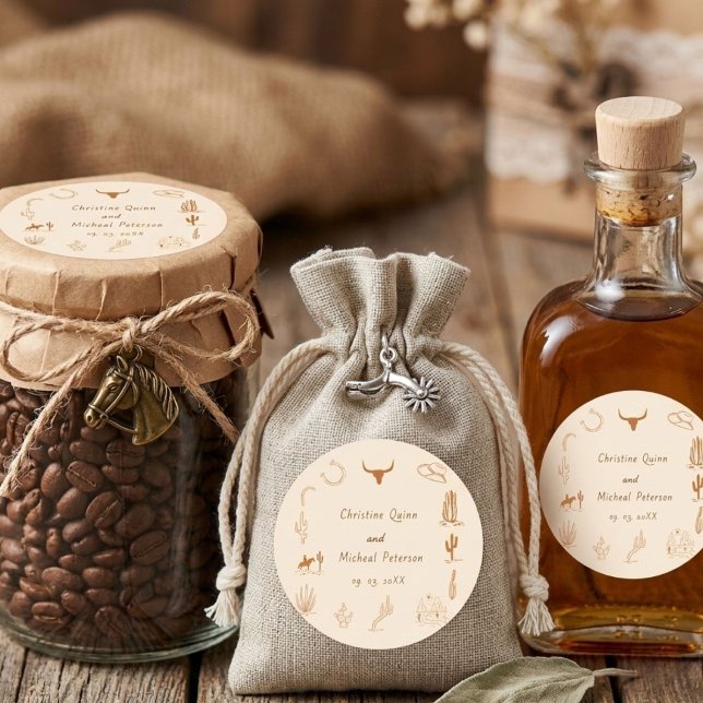 Boho Western Cowboy Illustration Wedding Quadratischer Aufkleber (Von Creator hochgeladen)