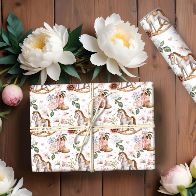 Boho Western Floral Rocking Horse Girl Babydusche Geschenkpapier (Boho Western Floral Rocking Horse Girl Baby Shower Wrapping Paper)