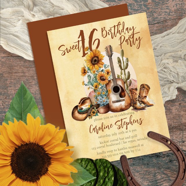 Boho Western Guitar Sonnenblumen Sweet 16 Party Einladung (Make her Birthday Party unique with this Boho Rustic Western-themed Guitar & Sunflowers design!)